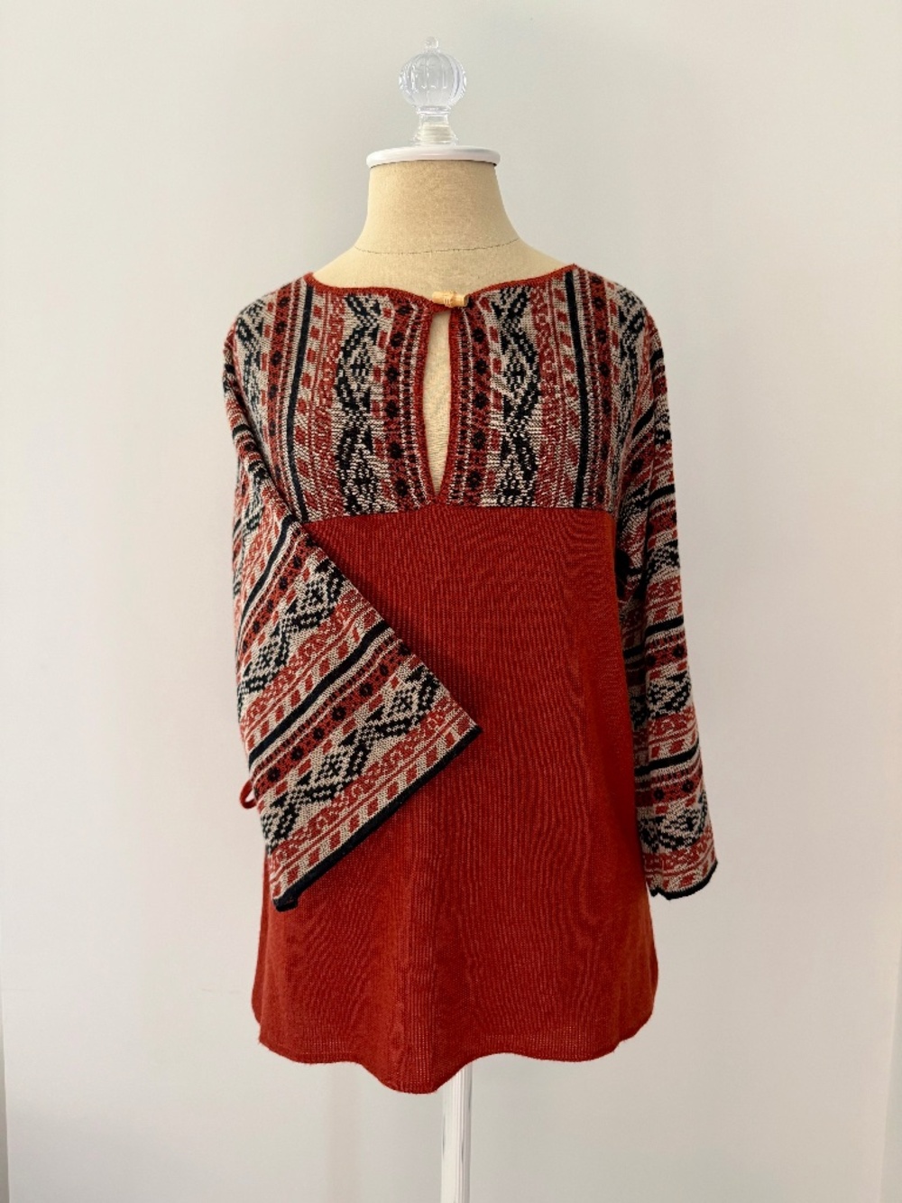 Vintage 70s Monarch Knits Rust Bell Sleeve Knit Top | Fair Isle Yoke With Belt
